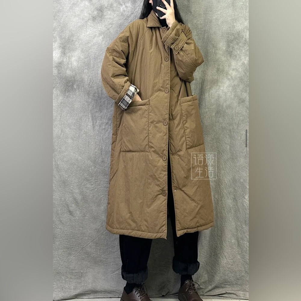 Women's Collared Plain Padded Button-Up Long Coat